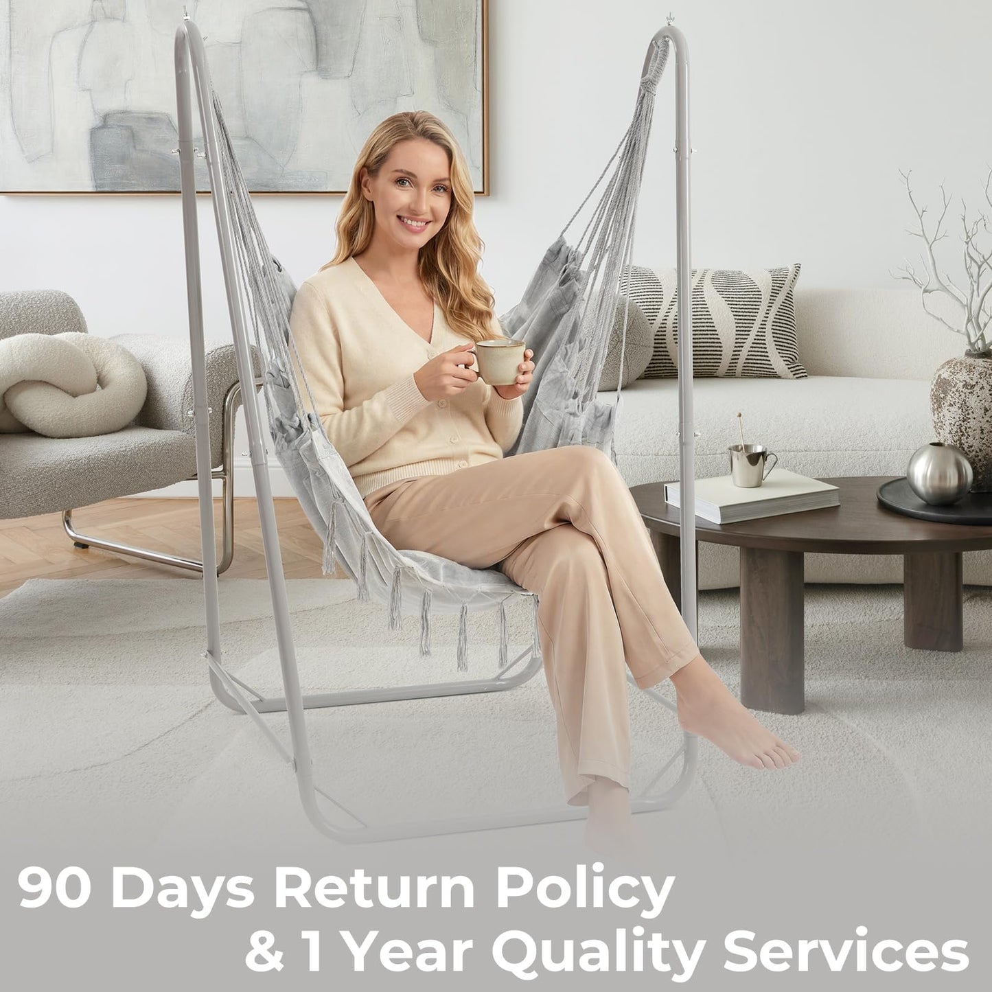 SELFLA U-Shaped Hammock Chair with Stand, Heavy-Duty Steel Hanging Chair with Stand for Indoor & Outdoor Use, Solid Support & Stable Base, 220 lbs Capacity, Easy Assembly - Grey