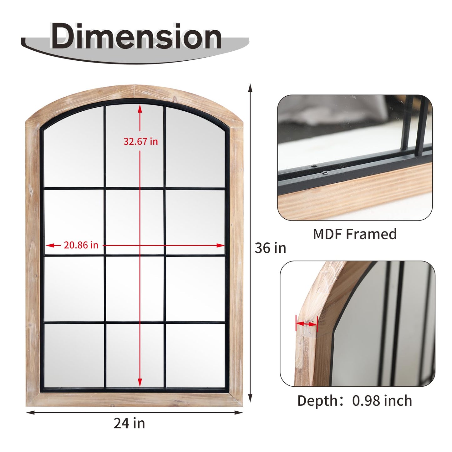 IPOUF Farmhouse Arch Wood Window Mirror, 24X36 Decorative Arch Wall Mirror, Wood Framed Rustic Mirror Metal Inner Frame Wall Decor for Entryway & Living Room,Natural