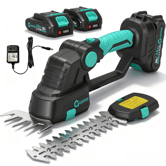 Garvee Cordless Hedge Trimmer with Battery - Grass Shear & Shrubbery Trimmer - 2 in 1 Handheld 20V Electric Grass Trimmer Hedge Shears Grass Cutter with 2 * 2.0Ah Batteries & Charge Base