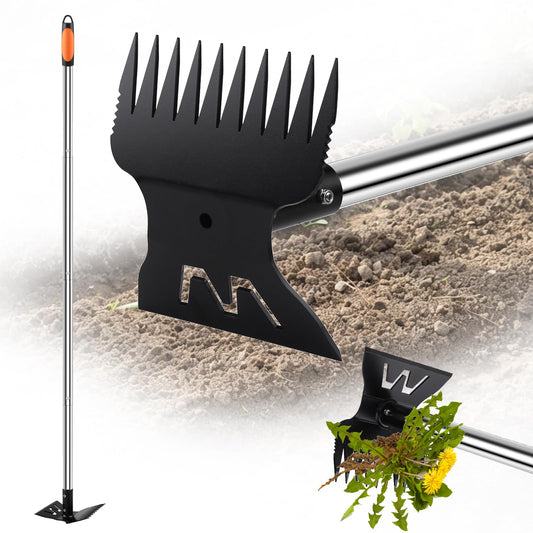 Larger Weed Puller Tool with Long Handle, Heavy Duty 10 Teeth Weed Rake & Hoe Garden Tool for Weeding, 57" Garden Hoe Weed Remover Tool with Detachable Handle, Manual Weeder for Garden Yard Lawn Patio