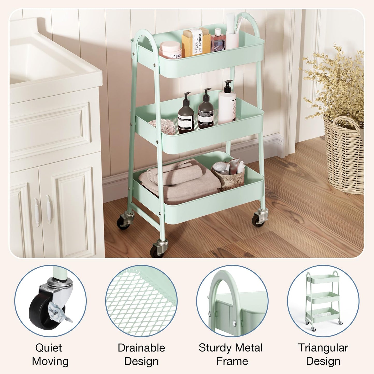 OLIXIS Metal 3 Tiers Utility Rolling Cart with Lockable Caster Wheels, Mobile Storage Shelf, Organization for Livingroom, Bathroom & Narrow Places, Pale Green