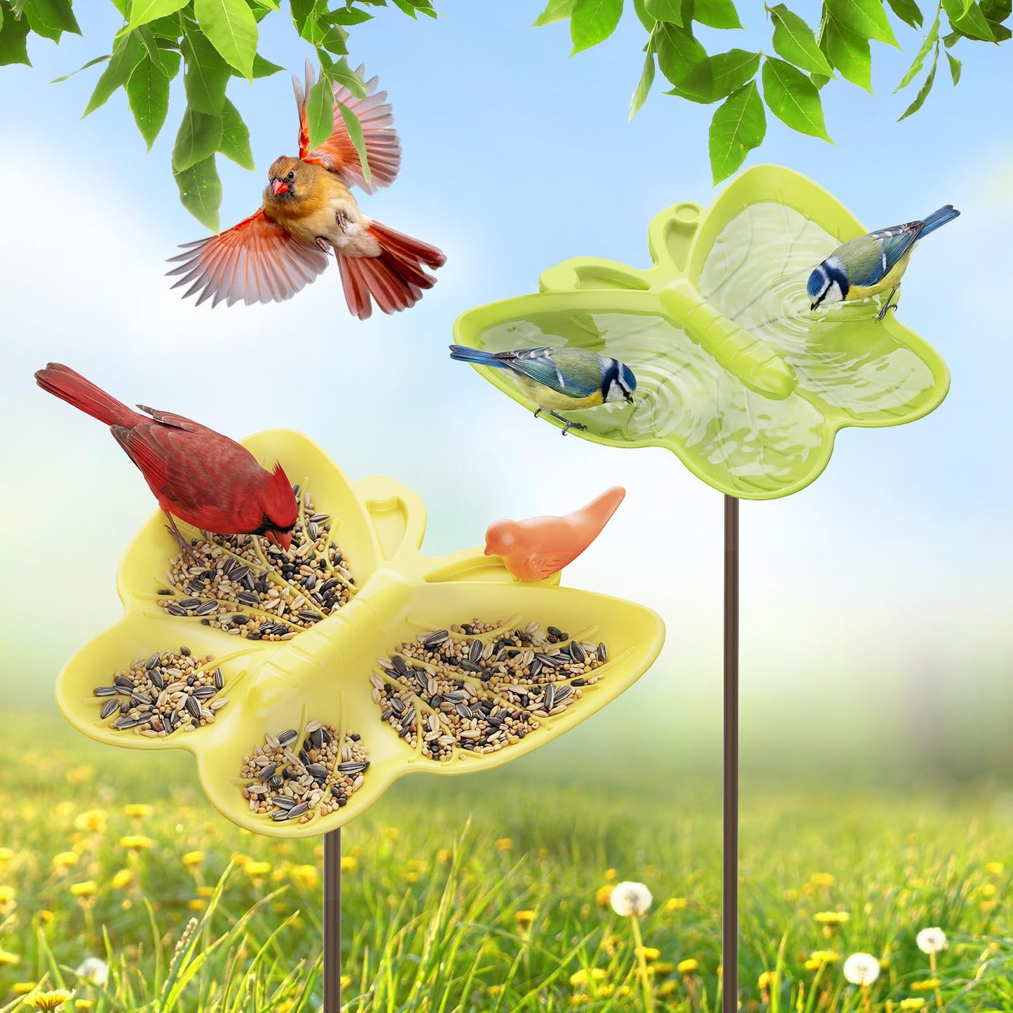 Kinsgyard 2 Pack Free Standing Tray Bird Feeders with Adjustable Pole, Wild Bird Bath for Outdoor Garden Yard Decor, Large Seed Capacity, Easy to Clean and Refill, Yellow & Green
