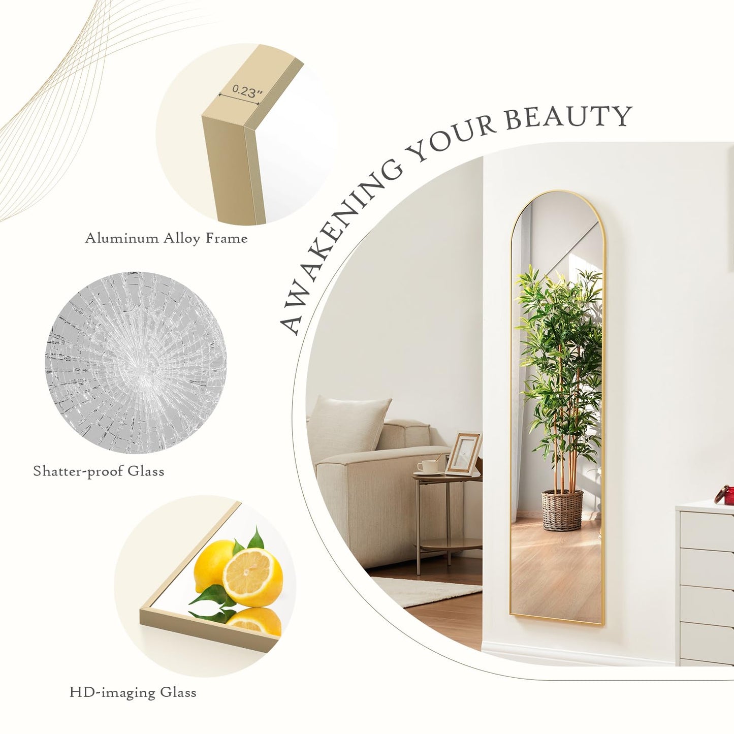 Arched Mirror Full Length, Upgraded 16"x59" Body Wall Mirrors with Shatter-Proof Glass, Floor Standing, Hanging or Leaning, Tall Arch Mirror with Stand Aluminum Alloy Frame for Bedroom Cloakroom