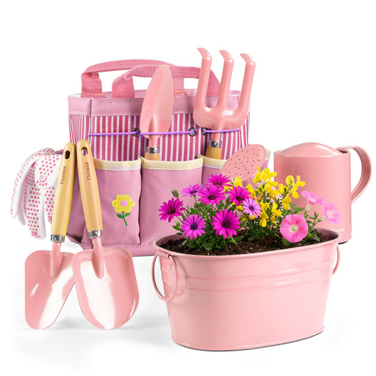 8Pcs Kids Gardening Set with Metal Basket & Real Metal Tools, STEM Outdoor Exploration Kit, Ergonomic Wooden Handles, 3 Shovels, Rake, Watering Can, Gloves, Tote Bag, Toy Gift for Toddler Boys Girls
