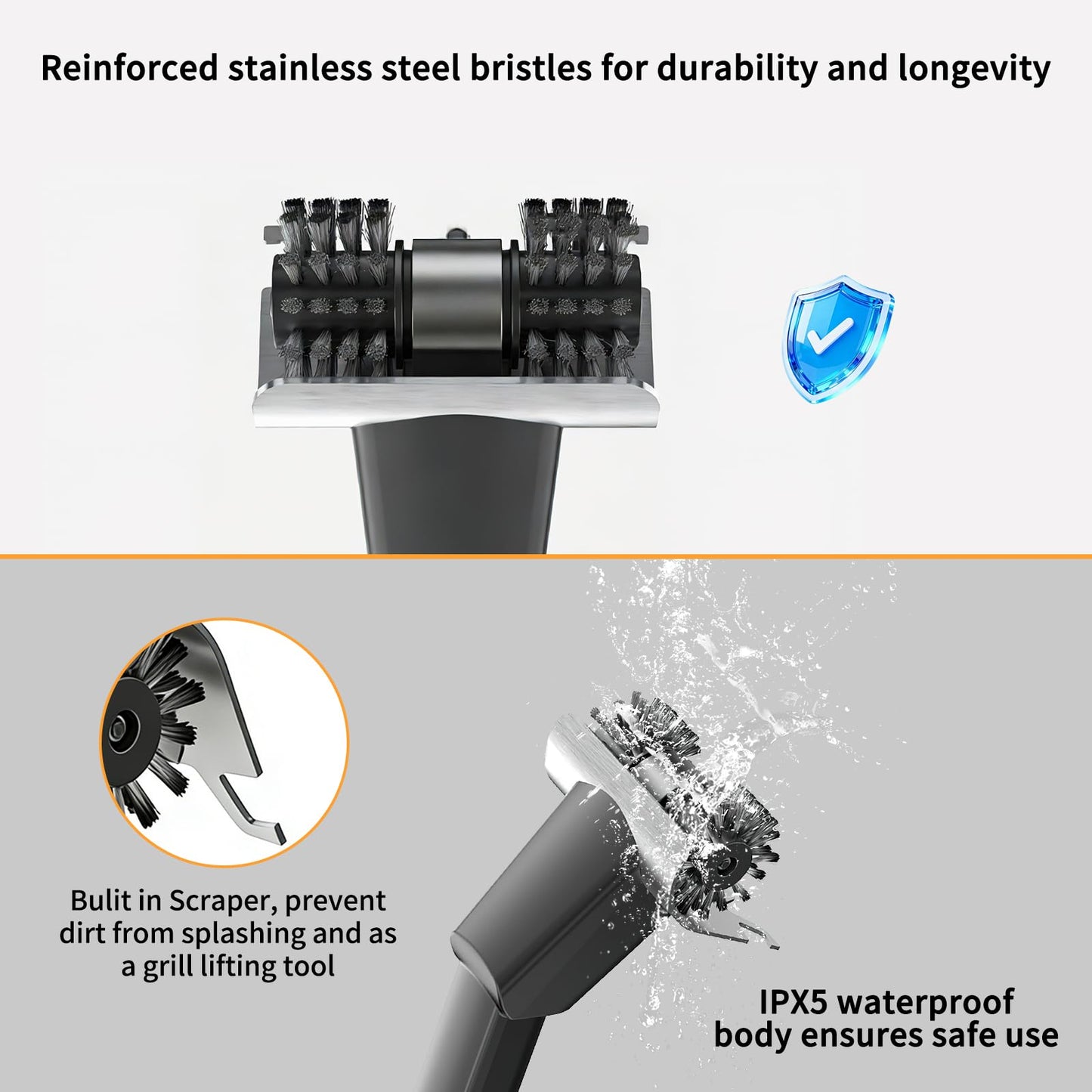 Hitish Cordless Electric Grill Brush for Outdoor - Waterproof BBQ Grill Cleaner with Lights Water Spray - Grill Cleaning Brush for Burnt-On Grease&BBQ Grates, 90 Mins Runtime, 2 Stainless Heads Refill