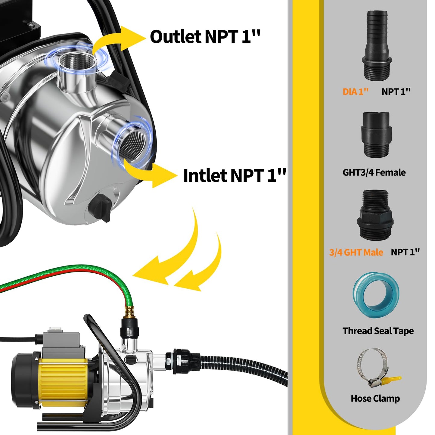 SHANGDA Water Transfer Pump 110V Shallow Well Pump 1.6HP Electric Portable Garden Pressure Booster Pumps for Sprinkler Irrigation Lawn with Adapters, Yellow
