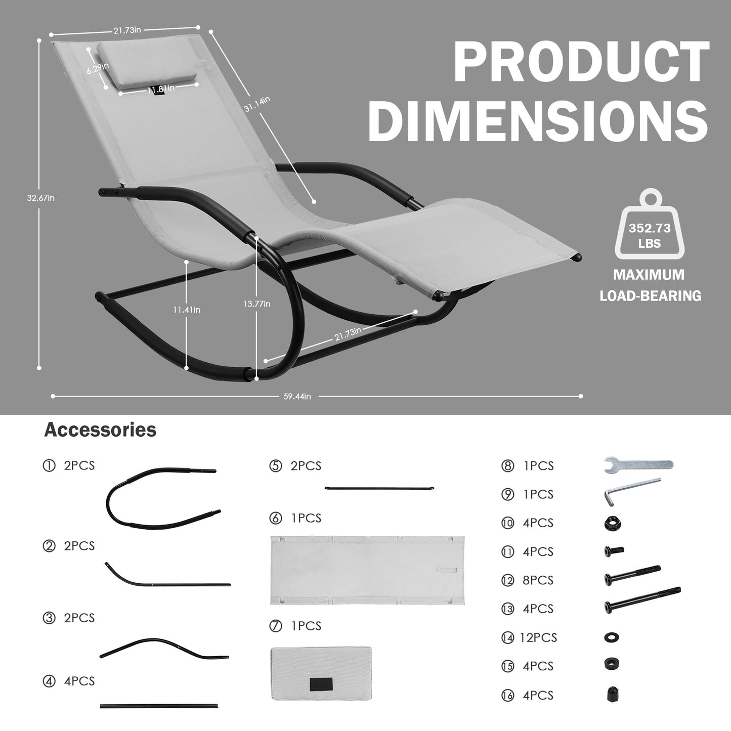 Anmiro Zero Gravity Rocking Chair Lightweight Lounge Chair Recliner with Detachable Pillow for Patio, Lawn, Pool, Outdoor Home Furniture, Grey