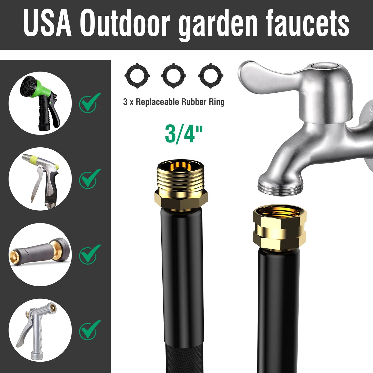 100FT Non-Expandable Garden Hose, Lightweight Flat Water Hose with 10-Function Spray Nozzle, 3/4" Metal Fittings, Kink-Resistant & Easy to Store for Garden, Yard, Car Wash (Black)