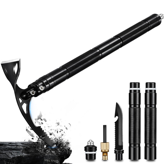 FUSIONKEI Pick Axe 8 in 1, Folding Pickaxe Mattock with Multi-purpose Garden Hoe and Survival Knife, Stainless Steel Pick Axes for Digging, Ice Chipping and Weeding