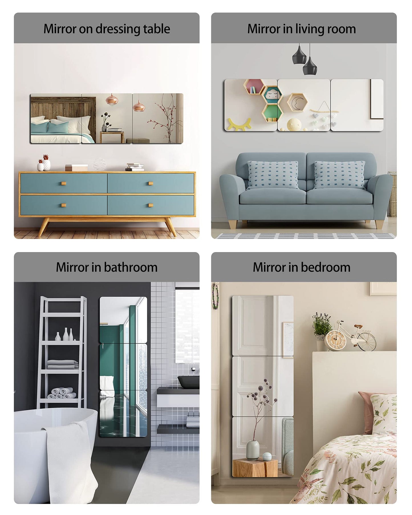 Unbreakable Acrylic Full Length Mirror for Wall Mounted, Full Body Mirror for Kids, Plastic Safe Shatterproof, Extra Thick 1/8", 12" x 12" x 4 PCS, Workout Mirrors for Home Gym, Bedroom Over The Door