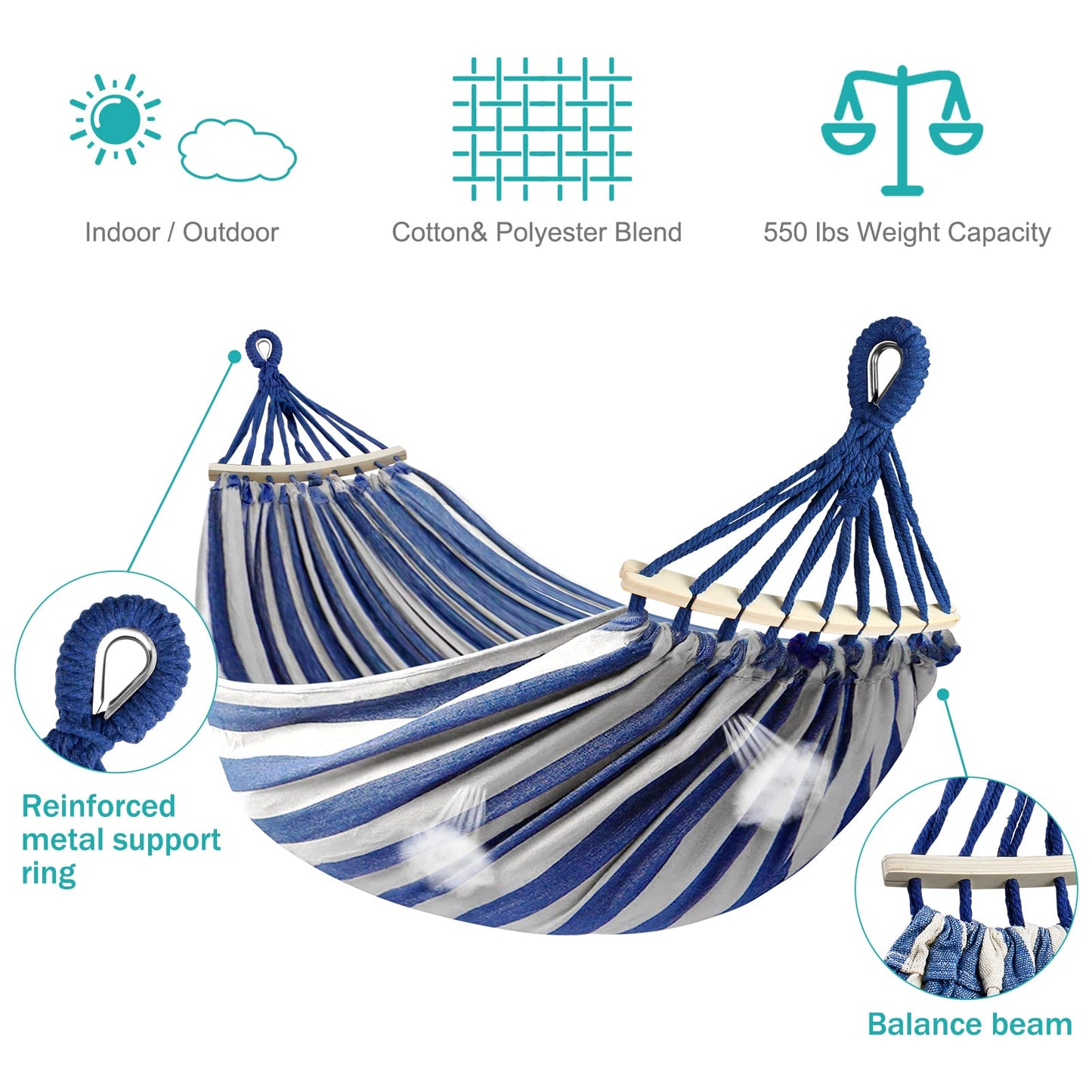 MOSFiATA Hammocks Portable Camping Hammock Upgraded 550lb Comfortable Fabric Hammock with Two Anti Roll Balance Beam and Sturdy Metal Knot Tree Straps for Camping, Patio, Backyard, Outdoor(Blue White)