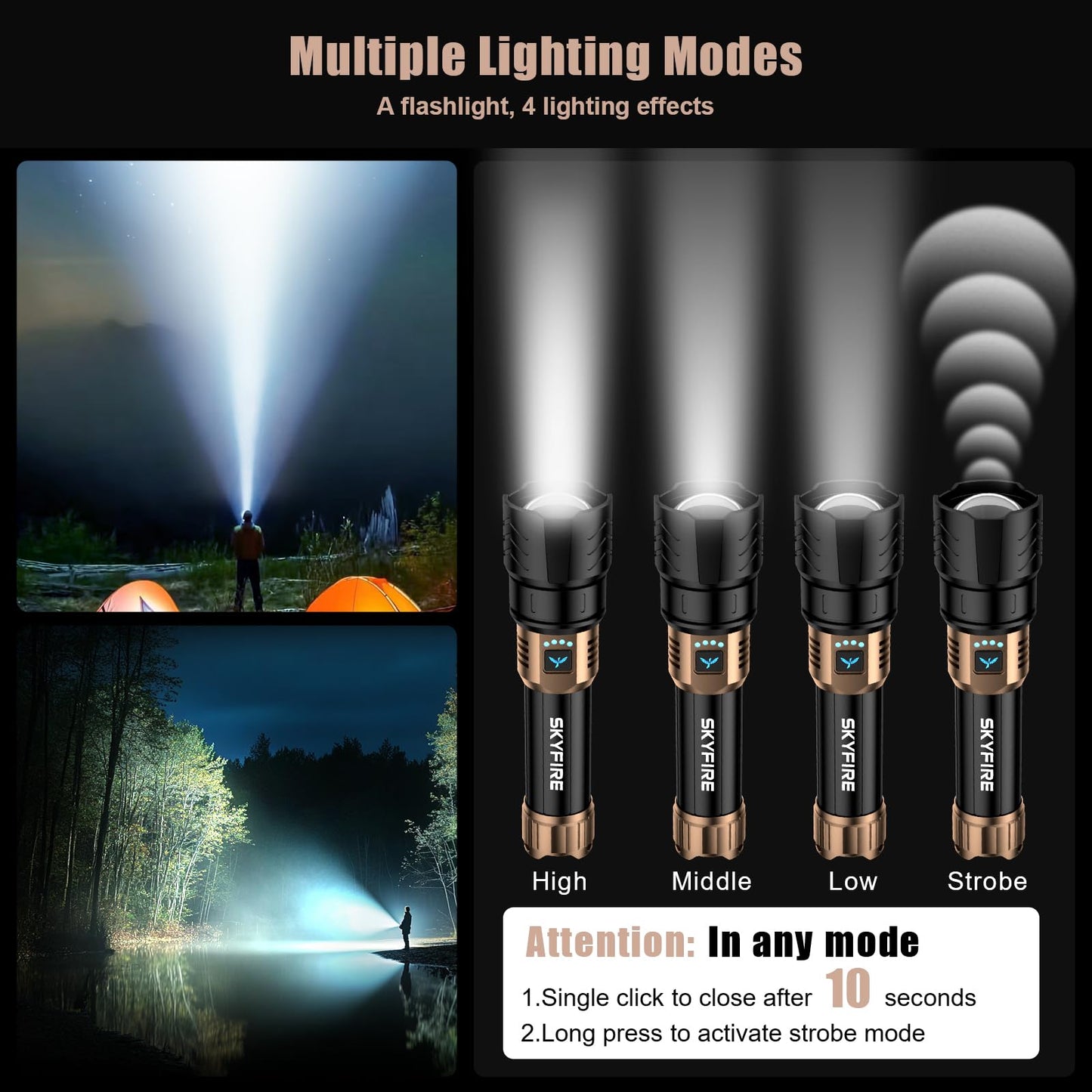 SKYFIRE LED Flashlights High Lumens with Ignition Lens,3000lm Super Bright Rechargeable Flashlight,Zoomable,4 Modes,Waterproof Tactical Flash Light for Camping Essentials,Outdoor and Home,Gift