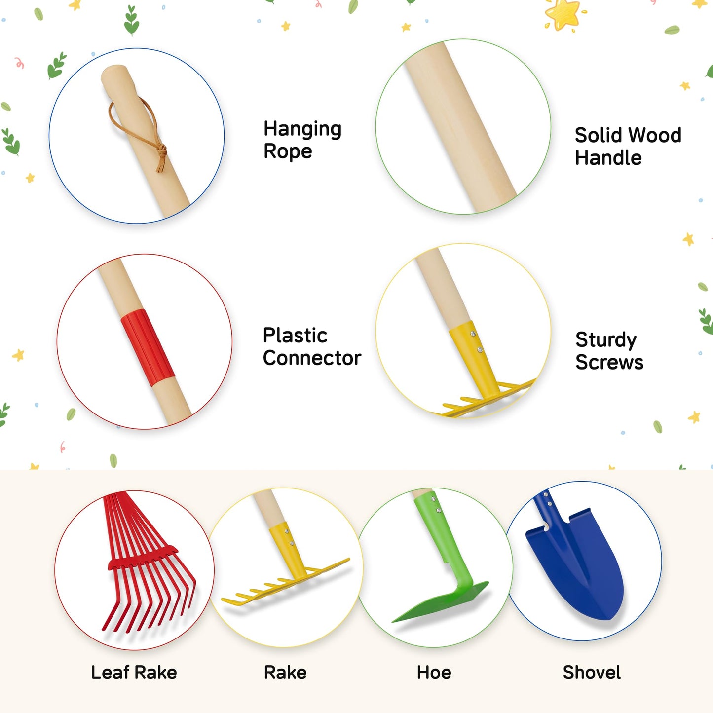 4-Piece Garden Tool Set with Shovel, Rake, Hoe, Leaf Rake - 2 Pairs of Gloves & 2 Storage Bags, Wooden Gardening Tools for Yard & Lawn Care