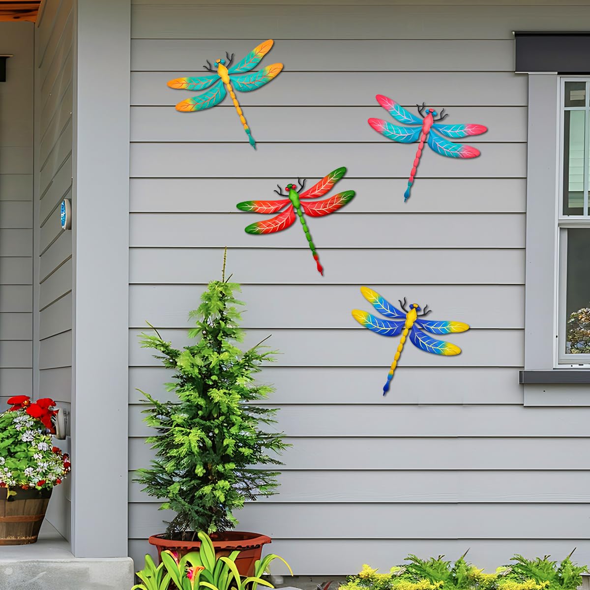 Metal Dragonfly Wall Decor, 4 Pack 13 inch Metal Dragonflies Wall Hanging Sculpture Decorations for Outdoor, Yard Patio Fence Garden Outside Exterior Decor