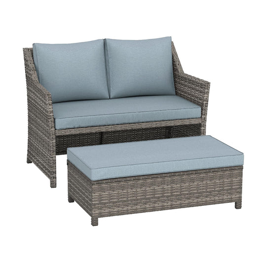 OC Orange-Casual 2-Piece Outdoor Patio Furniture Wicker Love-seat and Coffee Table Set, with Built-in Storage Bin, Grey Rattan, Grey Cushions