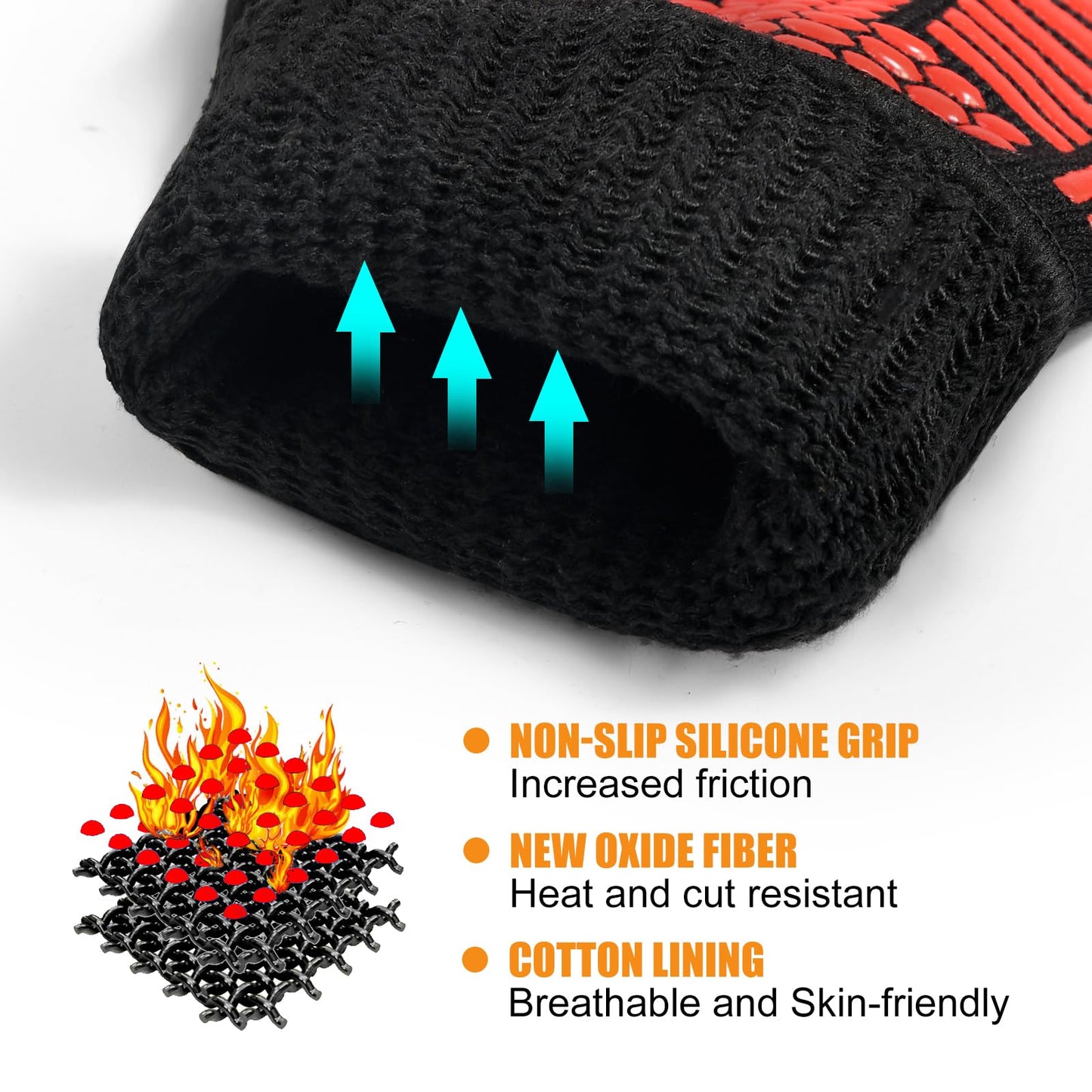 FITFIV BBQ Gloves, Oven Gloves, 1472°F Extreme Heat Resistant Barbecue Gloves, Silicone Non-Slip Oven Mitts, Kitchen for Cooking, Grilling, and Baking