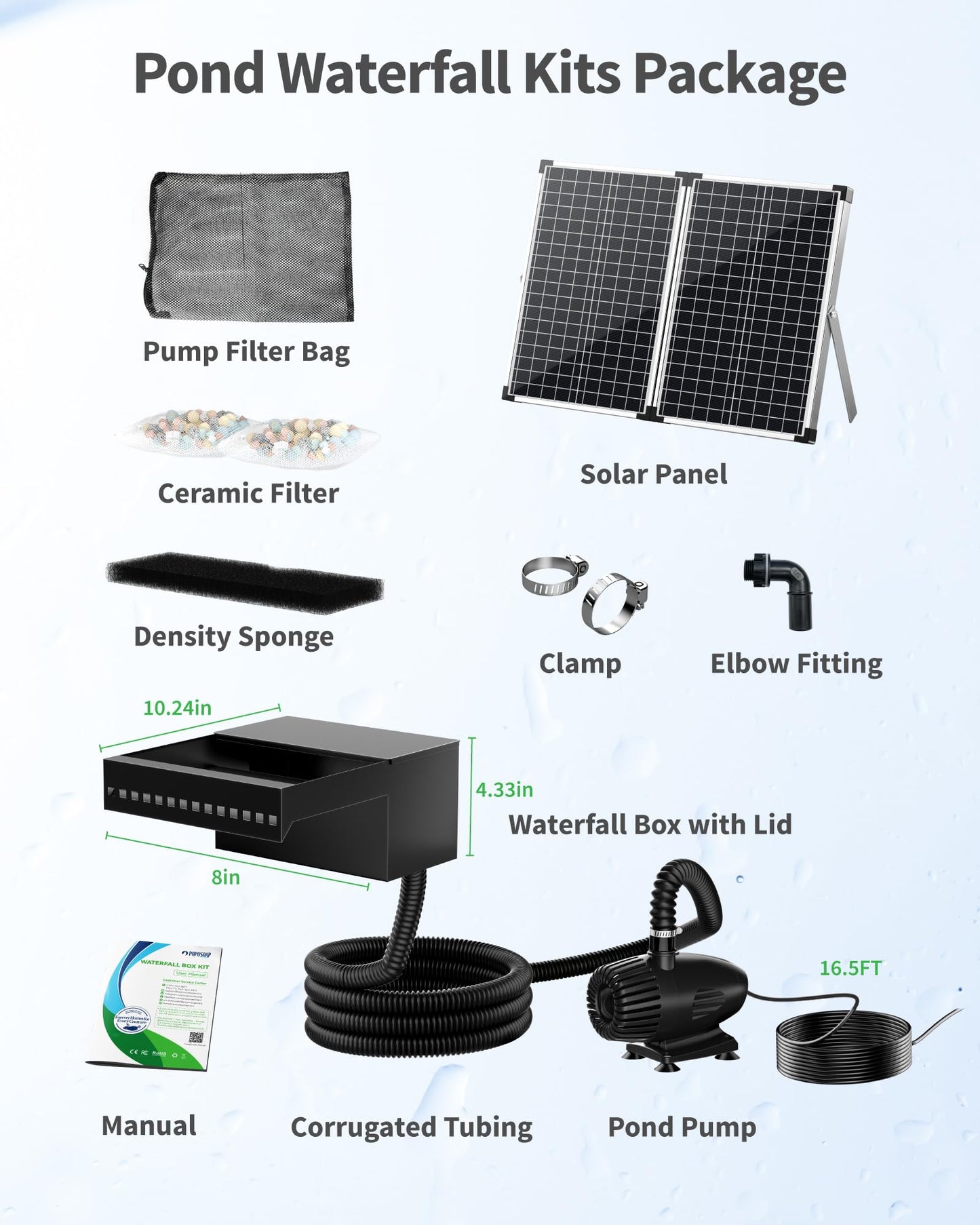 POPOSOAP 55W Solar Pond Waterfall Spillway with Fountain Pump, 304 Stainless Steel & Filtration System Pond Waterfall, 9.8FT Tubing for Koi Ponds, Garden Fountains & Landscape Water Features-P5552S