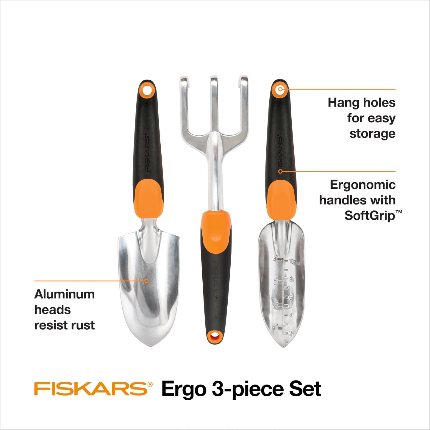 Fiskars 3-in-1 Garden Tool Set, Polished Cast-Aluminum Heads for Rust Resistance, Heavy-Duty Trowel, Transplanter & Cultivator for Digging and Planting, Non-Slip SoftGrip Handles Reduce Fatigue