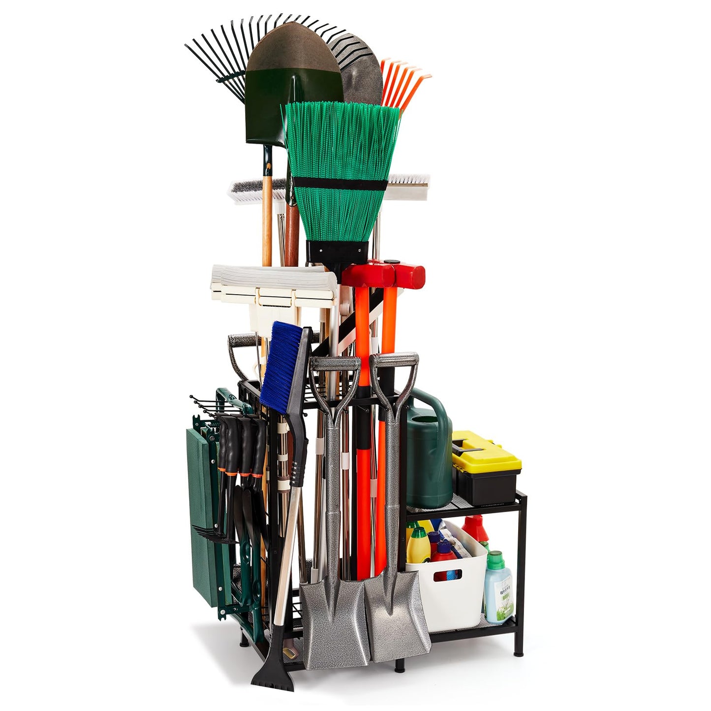 Garden Tool Organizer with 2-Tier Steel Shelves, Holds 50 Long-Handled Tools/Rakes/Brooms/Shovles for Garage Organization and Storage, Shed, Outdoor, Lawn, Heavy-Duty Steel, Black, Easy Assembly