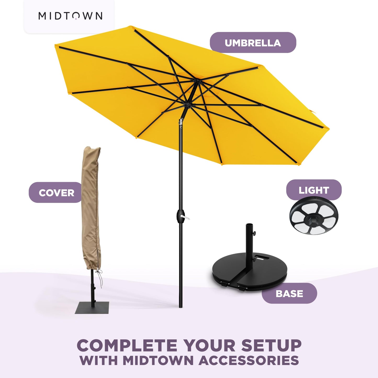 Midtown Umbrellas – The Lean 8 Ft Patio Umbrella with 10-Year-No-Fade Acrylast Acrylic Fabric, Auto-Tilt and 8 Reinforced Ribs for Deck, Pool, Garden, Hotel & Cafes – Studio Yellow Canopy, Black Pole