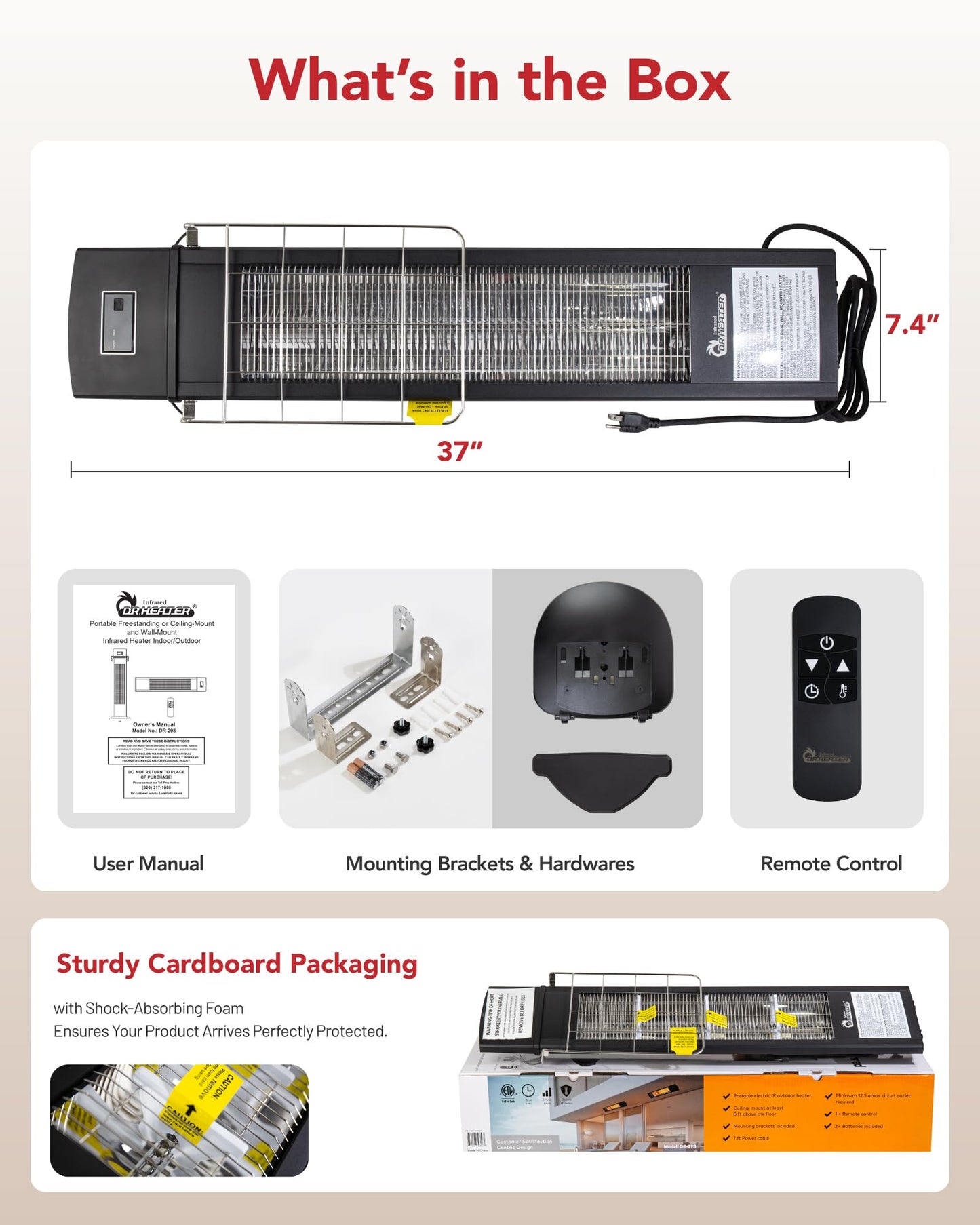DR. INFRARED HEATER Portable Infrared Indoor and Outdoor Space Heater for Patio, Garage, Commercial & Residential With Remote Control, Space Heater (Freestanding/Ceiling/Mounting), Black