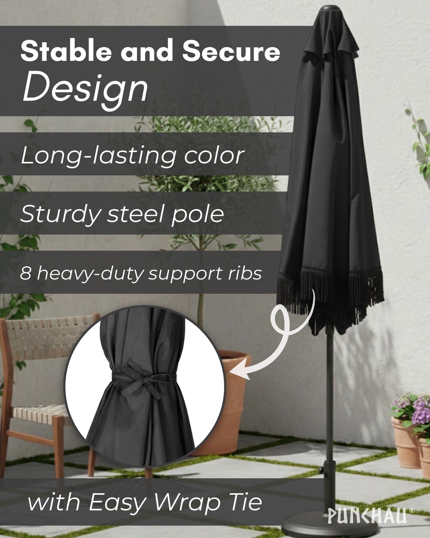 Punchau 6 Ft Black Fringe Patio Umbrella - Outdoor Umbrella for Patio, Pool, Table, Garden, & Deck, Push Button Tilt Pole - Fashionable Vintage Tassels - Black