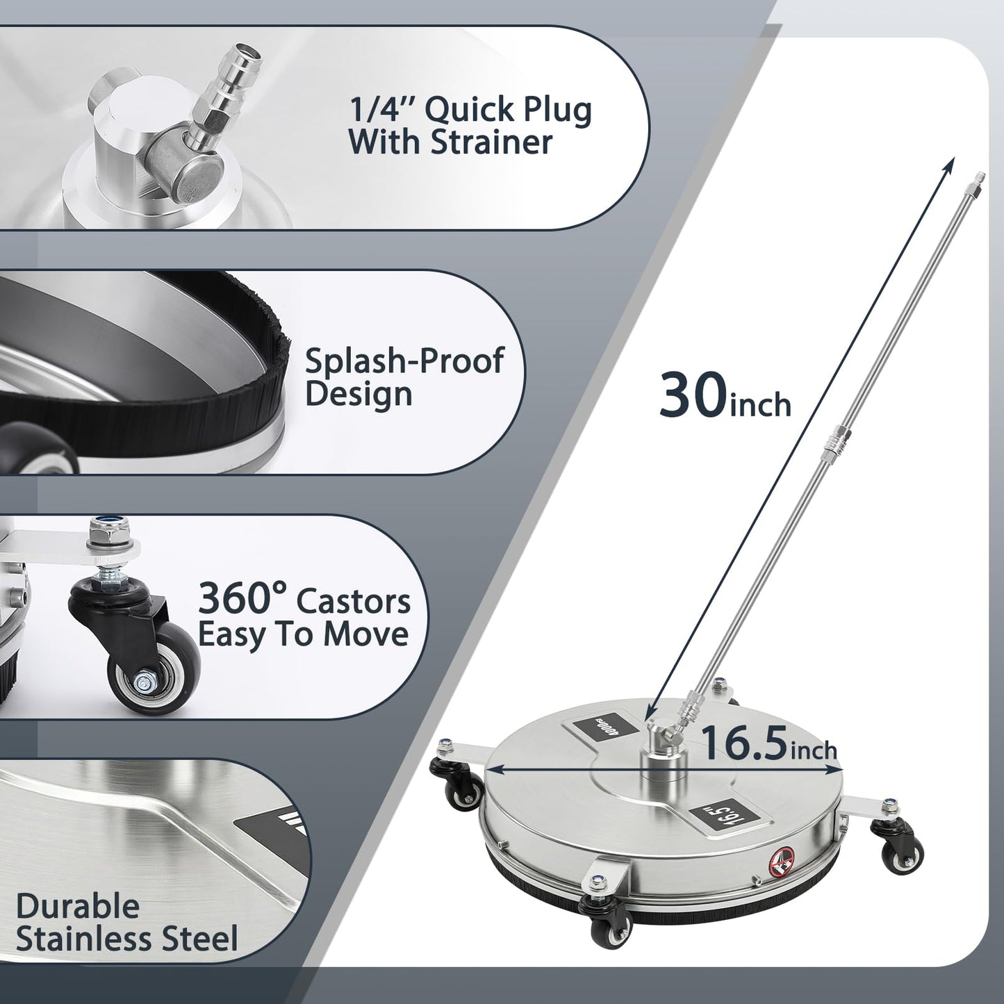 Dalmbox 16.5" Pressure Washer Surface Cleaner, 4-Wheel Stainless Steel Rotary Attachment, 1/4” Quick Connect, 4000 PSI Cleaner for Patio, Driveway, Concrete & Sidewalk Power Washer Attachment