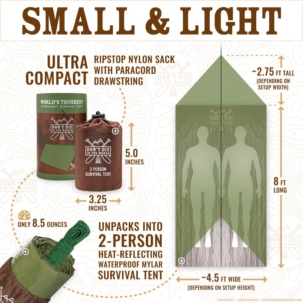 Don't Die In The Woods - Survival Tent - Made with Extra-Thick Space Blanket Thermal Mylar - Emergency Shelter Tube Tent - One of The 10 Essentials for Hiking, Camping, First Aid Kits (Green)