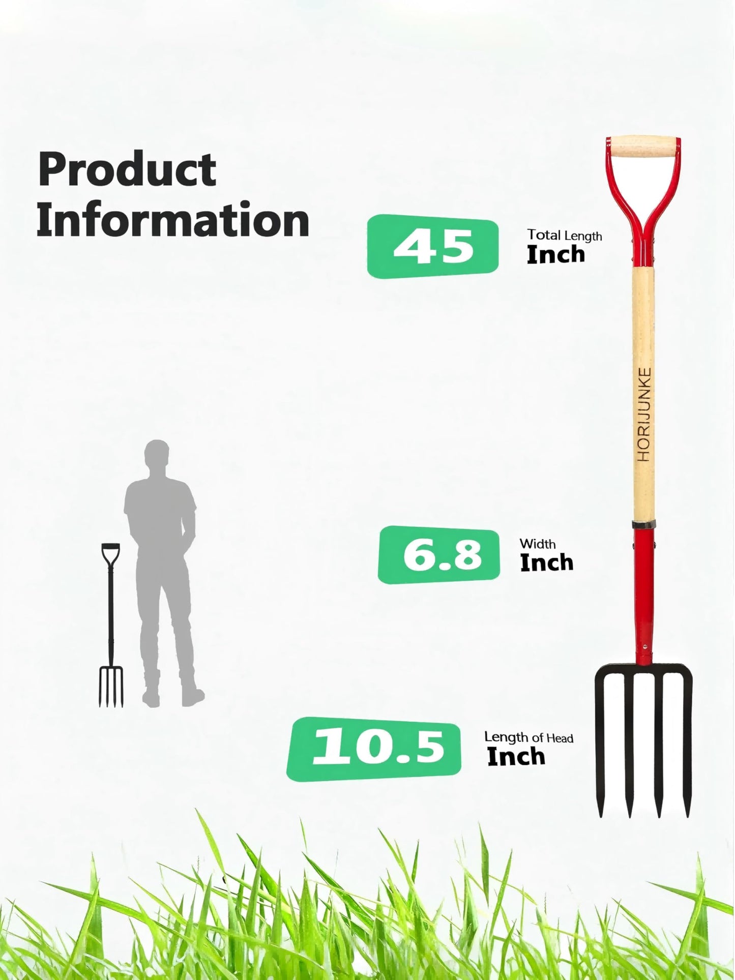 HORIJUNKE Heavy Duty Garden Fork for Digging, 4 Tines Pitch Fork for Gardening Compost, Garden Pitch Fork with Wooden Handle, 45 Inches-Red
