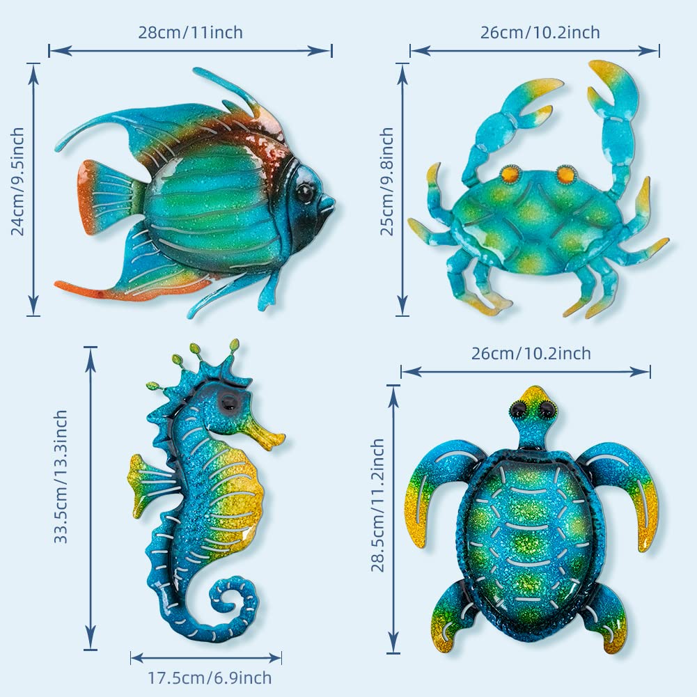 dreamskip Metal Beach Wall Decor Art, Ocean Themed Sea Turtle Fish Seahorse Crab Coastal Wall Sculpture, Nautical Outdoor Decor For Garden, Fence, Patio, Pool, Bathroom (4 Pcs)