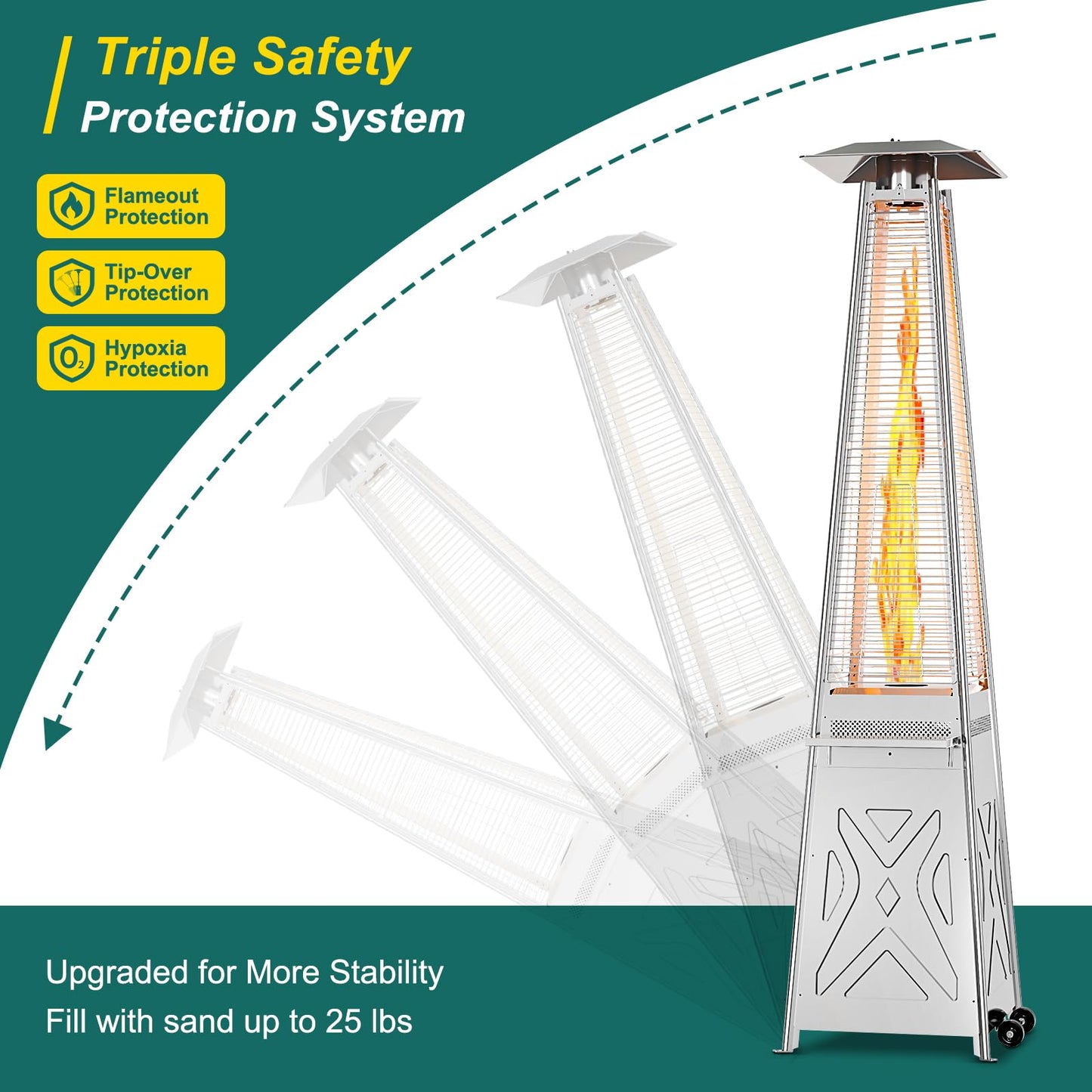 GarveeLife 42,000 BTU Pyramid Patio Heater, Glass Tube Propane Patio Heater with Wheels, Stainless Steel Outdoor Propane Heaters for Backyard, Garden, Patio, Porch and Pool