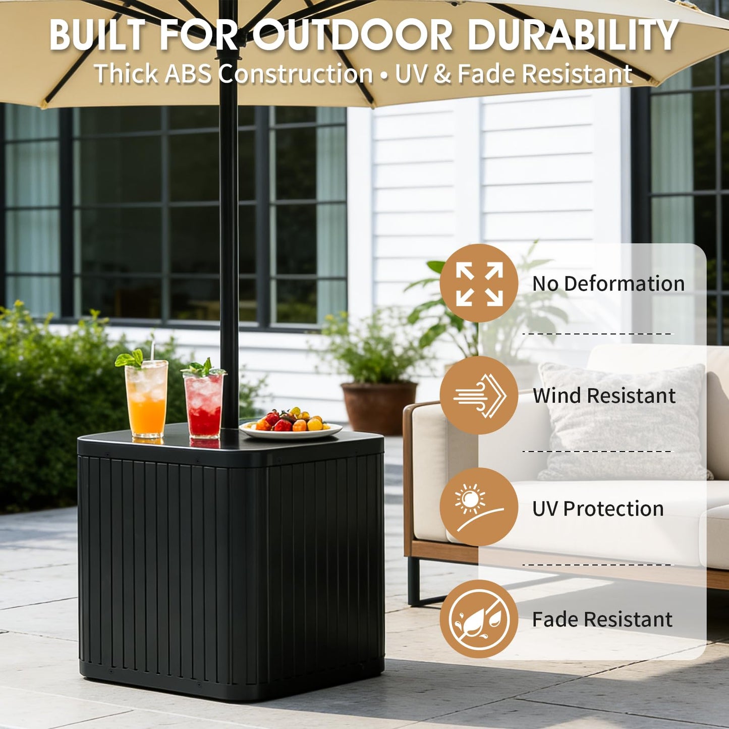 BoYata Outdoor Umbrella Side Table, 2-in-1 Outdoor Side Table with Umbrella Hole, 15.9 Gallon Fillable Umbrella Stand Base, Fit Up to 1.5" Pole, Square Patio Side Table for Poolside, Deck, Matte Black