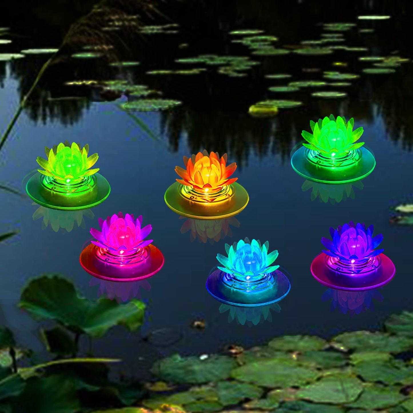 Larekook 2 Pack Solar Lotus Pond Lights, Floating Color Changing Lotus Flower Pool Lights Led Waterproof Outdoor Swimming Pool Pond Submersible Lights