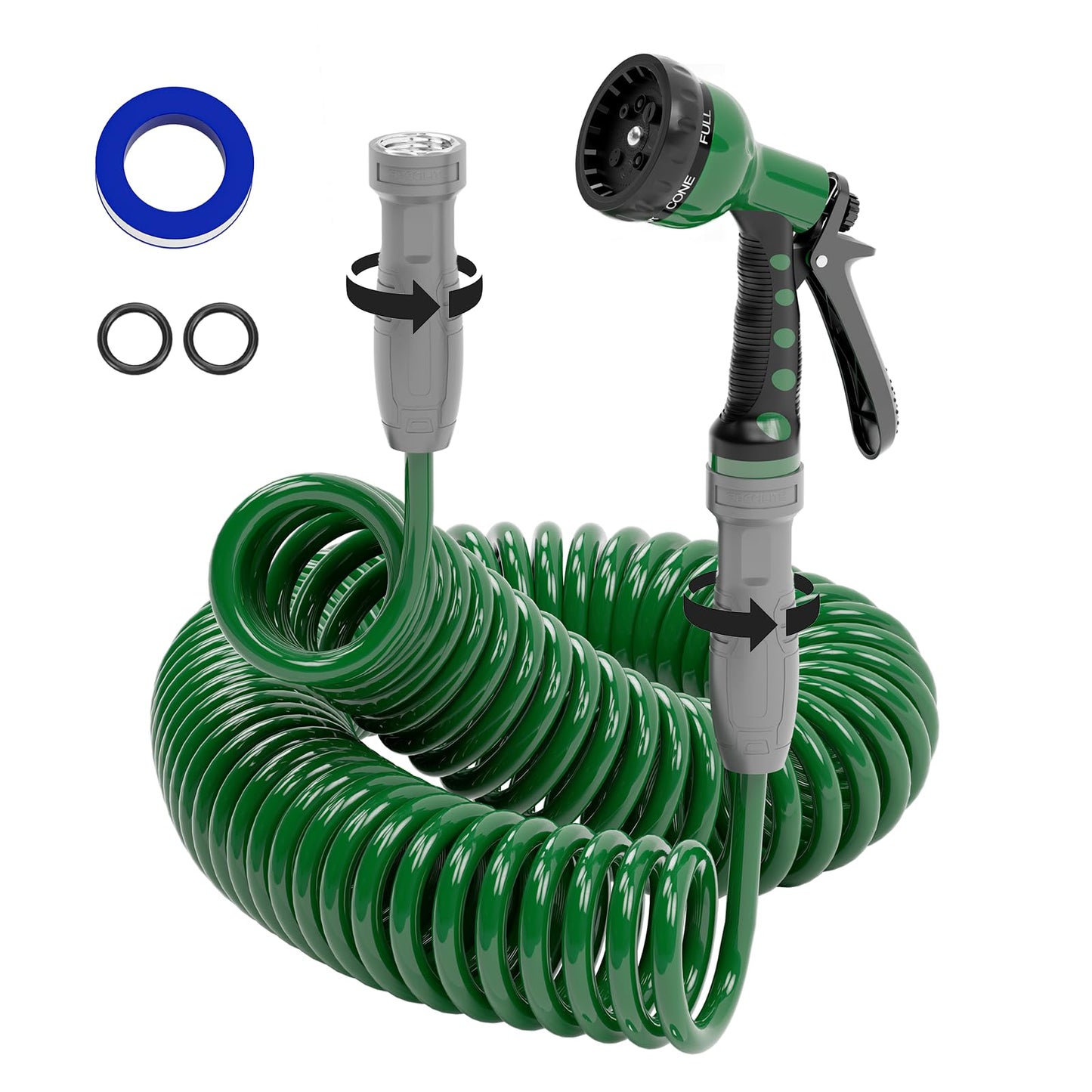 SPECILITE 3/8" Lightweight Coil Garden Hose 50 FT, EVA Flexible Curly Water Pipes with 6-Pattern Spray Nozzle for Boat, Greenhouse, Yard, Patio, Green