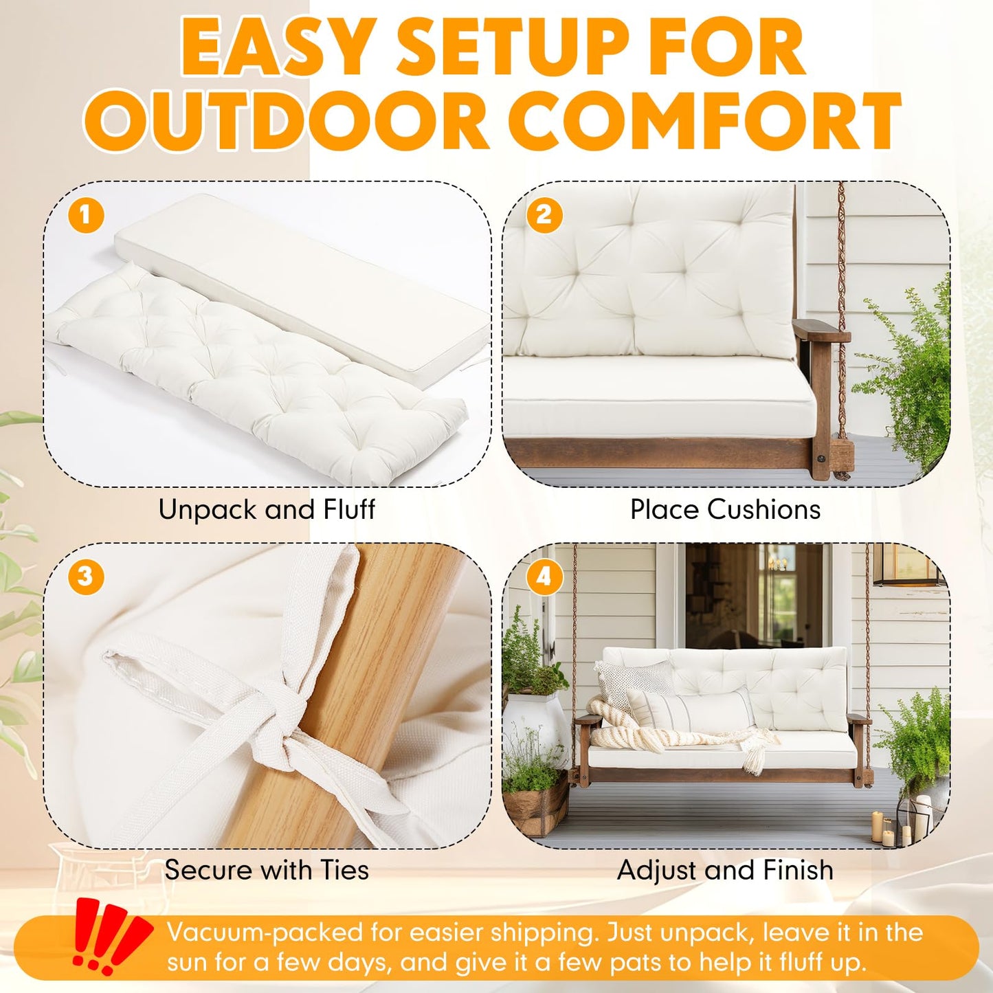 Wenqik 2-3 Seater Porch Swing Cushions with Backrest 60 x 40 x 4 Inch Thick Outdoor Waterproof Bench Pad Patio Swing Replacement Cushion, Split Design, Soft for Garden, Lawn, Backyard(Natural White)