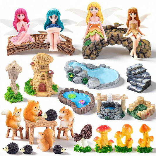 AWEELON 28pcs Fairy Garden Accessories, Miniature Garden Ornaments Landscape Decorations Mini Fairy Figures Animal Plant for DIY Terrarium Potted Plants Dollhouse Desk Decor
