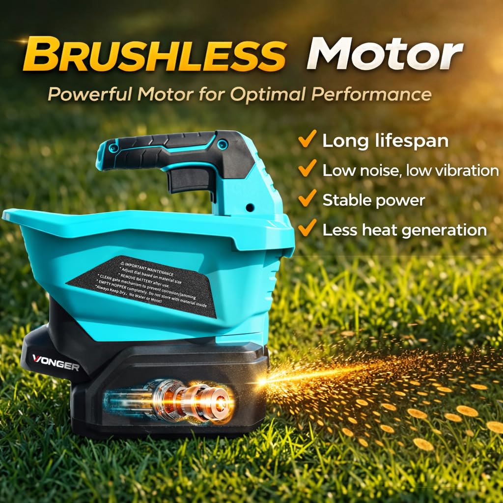 Fertilizer Spreader - 3.5Qt Electric Handheld Grass Seed Spreaders for Lawns with 21V 2x2Ah Batteries, Brushless Motor, 6 Speed & 8 Size Adjustable 125° Spread Angle, 16ft Spread Width, 8600 Sq.ft