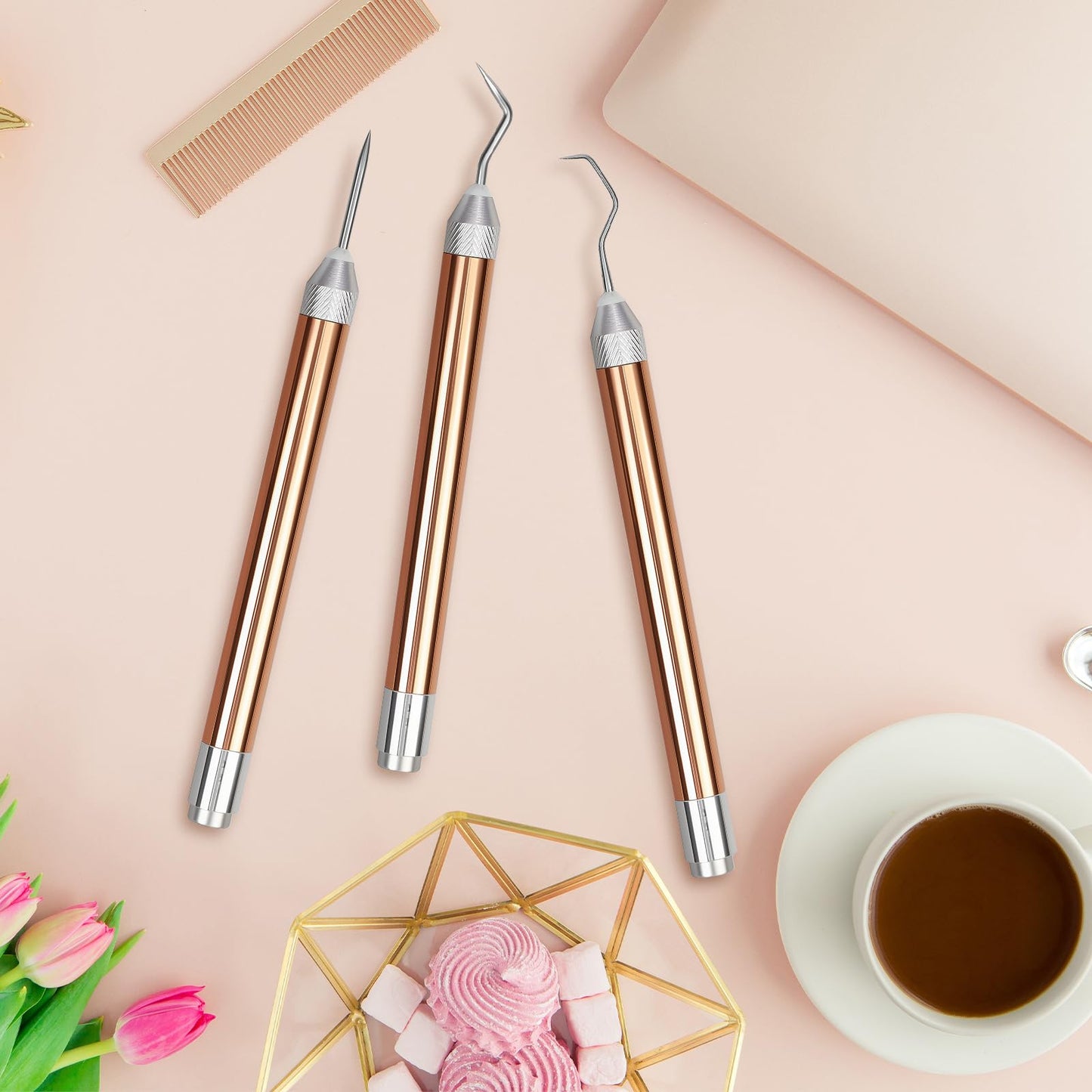 3PCS LED Weeding Tools for Vinyl with Light with Pin and Hook Lighted Pin Pen Weeding Tool for Removing Iron on Tiny Vinyl Paper Silhouette Cutting Machines Supply (Rose Gold) (3PCS-Rose Gold)