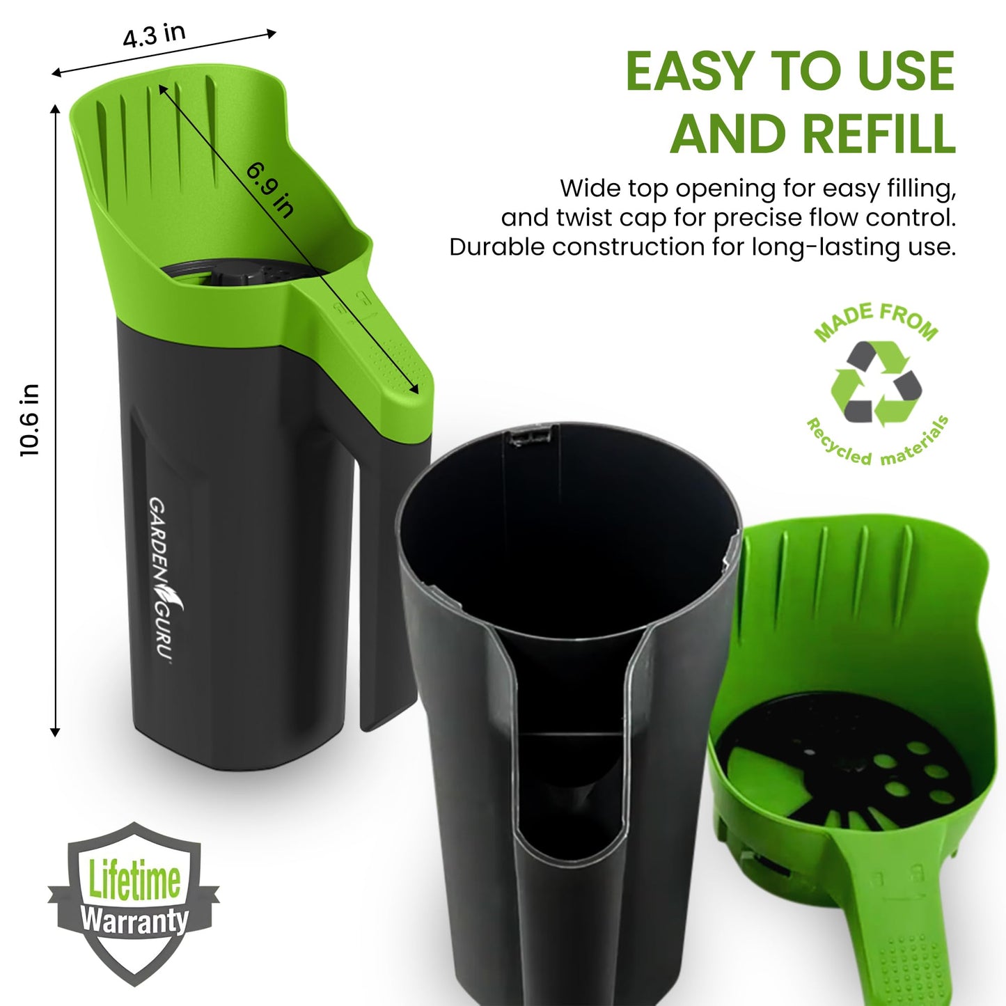 Garden Guru Handheld Seed Spreader Shaker – Multi Use Grass Seed, Fertilizer, Salt, Ice & Snow Melt Spreader – Adjustable Twist Cap w Multiple Size Openings – Lightweight 1L Capacity Hand Seeder