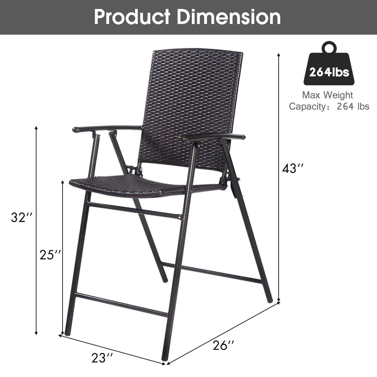 LUARANE Folding 4 Pieces Wicker Rattan Chairs, Tall Bar Stool Set with Back Steel Frame Footrest Armrest, Weather-resistant Comfortable Chairs for Outdoor Indoor Garden Patio Furniture Set, Brown