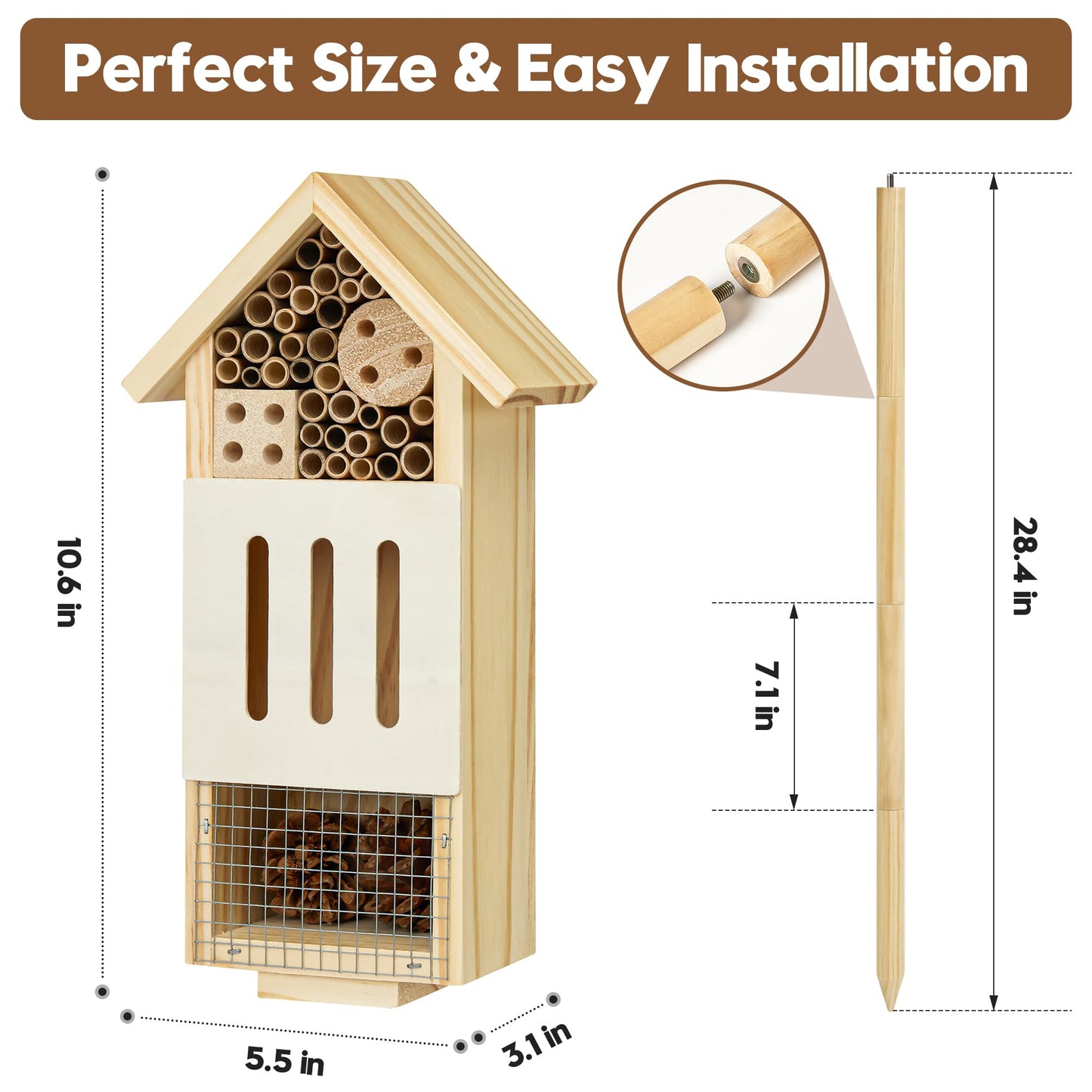 Bee House Bug Hotel & Butterfly House with Stake, Handcrafted Wooden Ladybug Hotel, Natural Insect Habitat for Garden, Patio, or Yard, Attracts Pollinators, 10.4 x 5.5 x 3.2 Inches,25 inches Stake