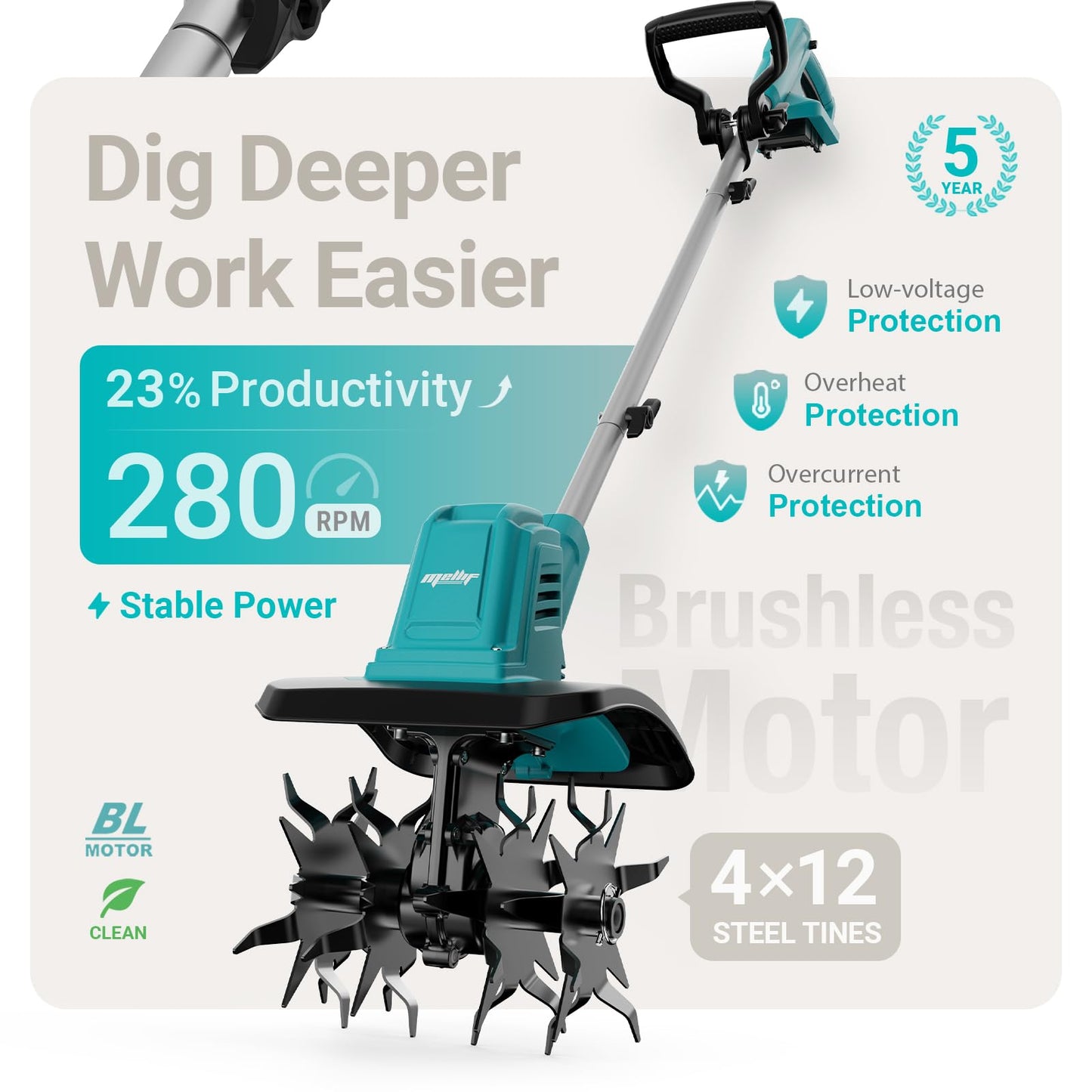 Brushless Cordless Tiller Cultivator Compatible with Makita 18V Battery (Tool Only), Electric Rototiller with 48 Steel Tines, 280RPM,10" Tilling Width,7" Depth Garden Tiller for Gardening/Soil Turning