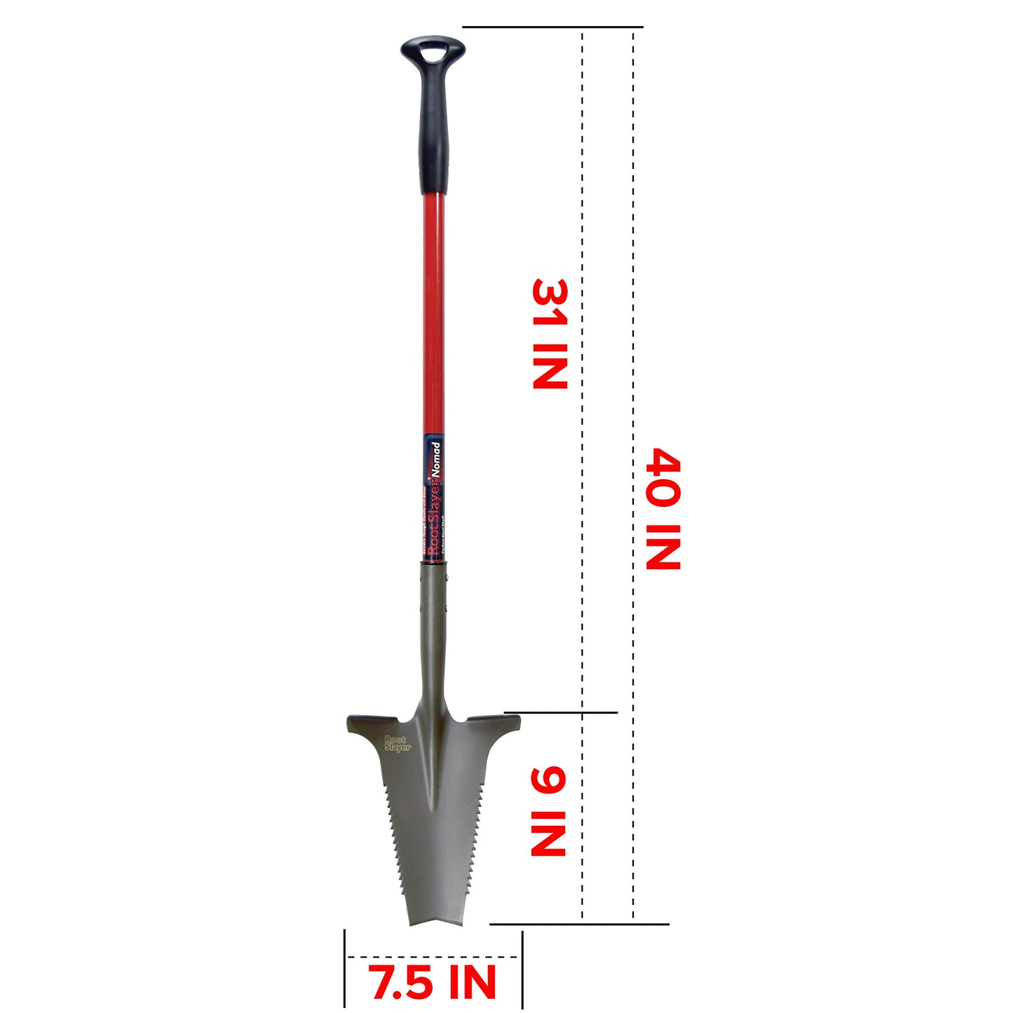 Root Slayer 22311 Nomad Compact Steel Garden Spade for Digging Soil and Root Removal, Portable Tool, Red