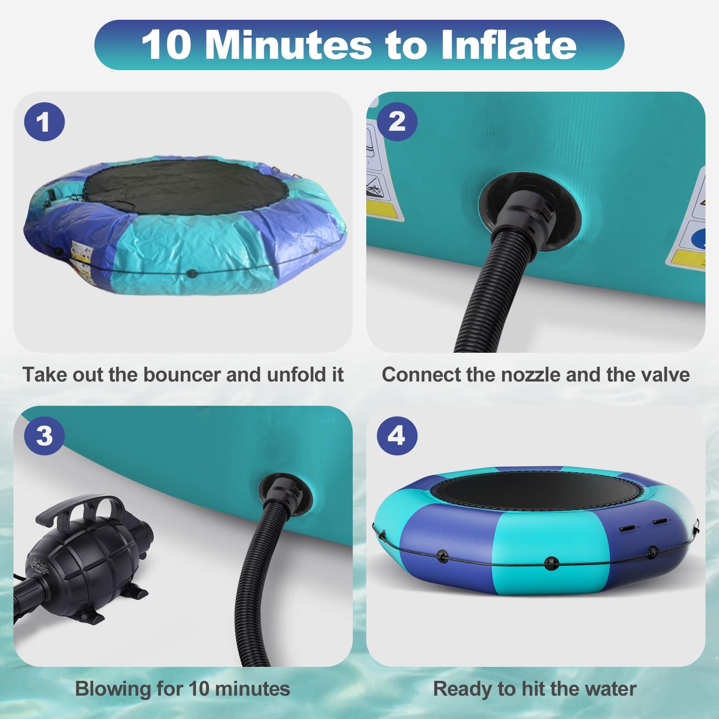 10FT Inflatable Water Trampoline, Recreational Water Bouncer, Adults Youth Floating Rebounder with 4-Step Ladder, Portable Bounce Swim Platform for Pool, Lake, Water Sports
