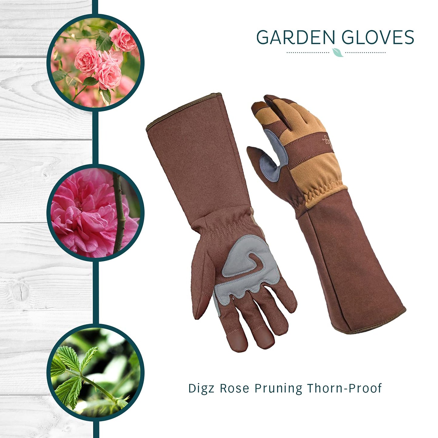 DIGZ 77202 Rose Pruning Thorn-Proof Gardening Gloves with Forearm Protection for Men and Women, Puncture Resistant Work Gloves, Tan/Brown, Medium