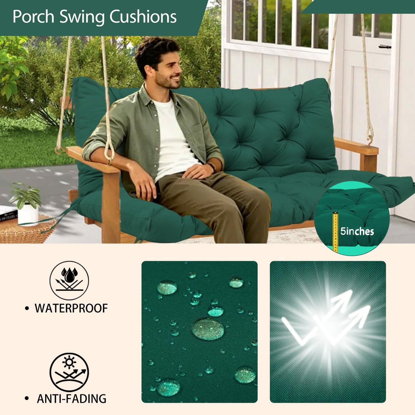 Durable Extra 5" Thick Outdoor Swing Cushions 3 Seater Waterproof Replacement Porch Swing Cushions with Backrest and Ties Fade-Resistant for Outdoor Patio Long Bench Furniture(Dark Green 60×40×5")