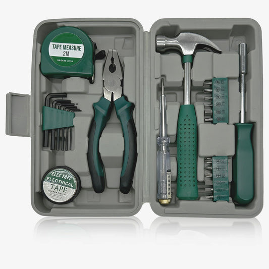 Tool Kit, 8 Piece Home Repair Set with Tape Measure, Hex Keys, Pliers, Hammer, Screwdrivers, Electrical Tape, Gray Case (Green)