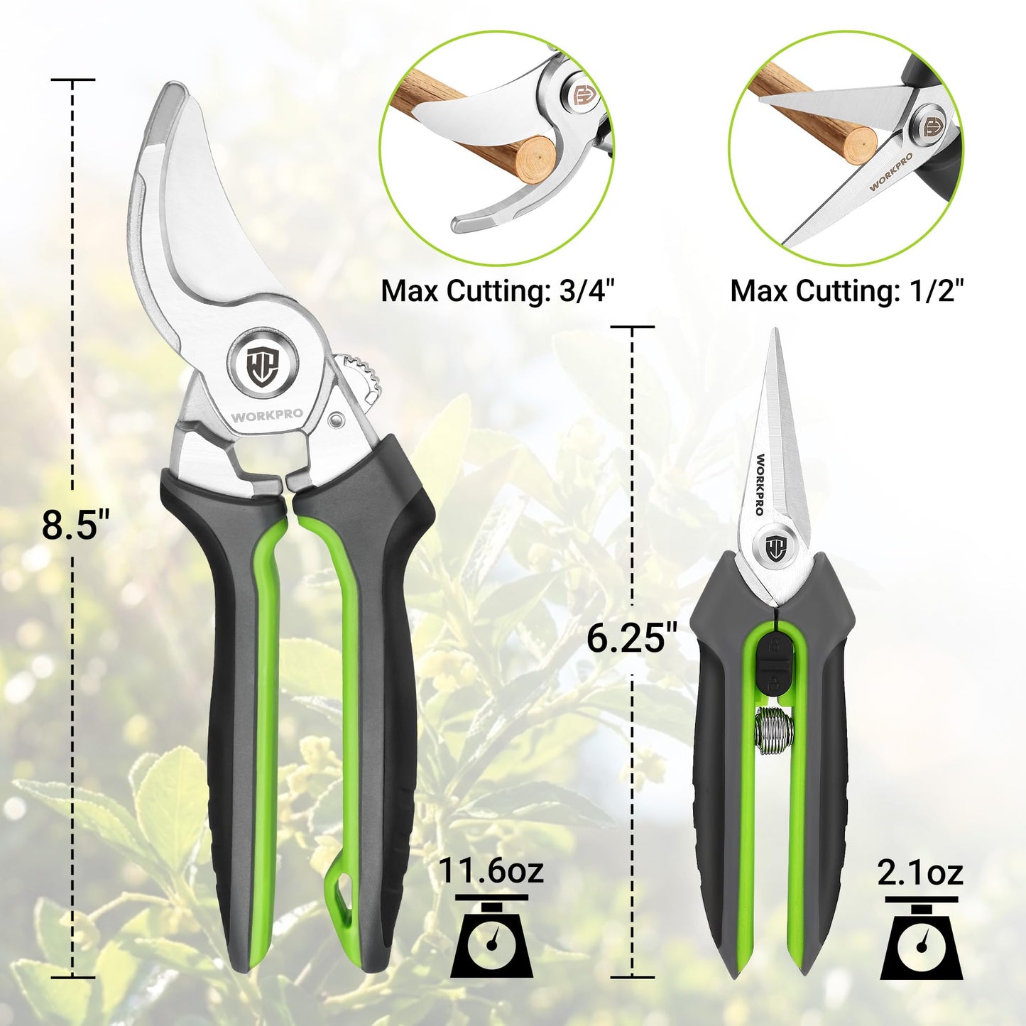 WORKPRO Garden Pruning Shears 2 Pack, 8.25" Bypass Pruning Shears and 6.25" Straight Garden Flower cissors, Garden Clippers Hand Tools for Cutting Flowers, Trimming Plants, Picking Fruits