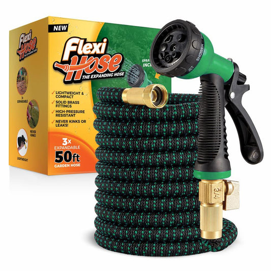 Flexi Hose with 8 Function Nozzle, 50FT - Lightweight Expandable Garden Hose, No-Kink Flexibility, 3/4 Inch Solid Brass Fittings and Double Latex Core - Green