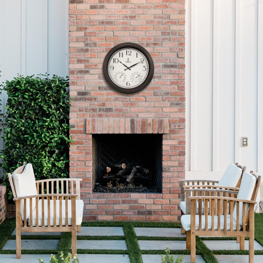 18 inch Outdoor Clocks for Patio Large Waterproof with Thermometer - Black Indoor Outdoor Clock with Temperature and Humidity for Wall - Weatherproof, Accurate & Easy to Read for Pool, Patio & Garden